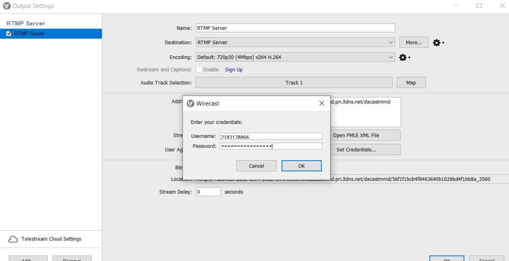 Dacast Encoder Setup Guide - Wirecast settings RTMP confirm credentials