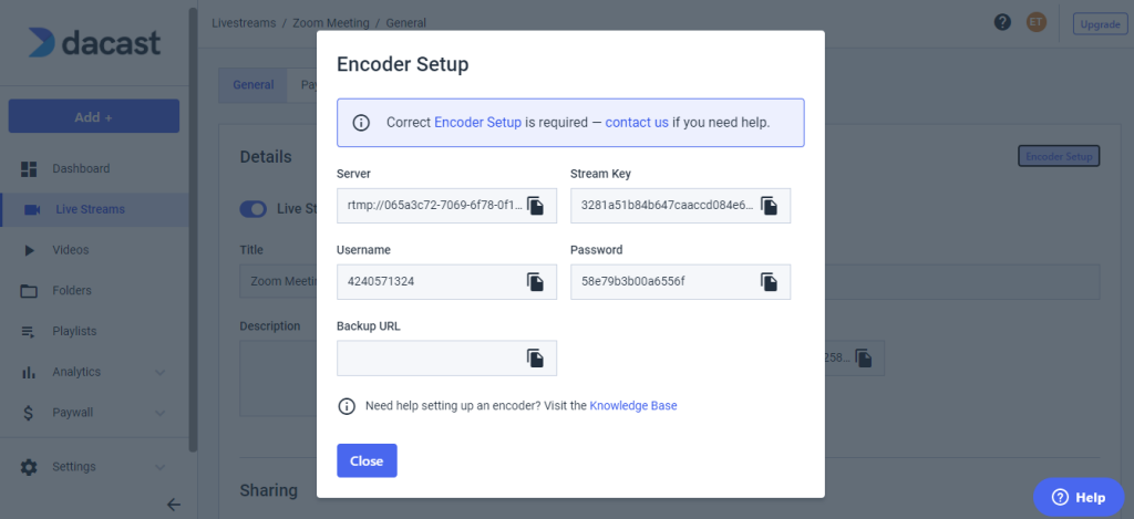 Dacast - Zoom live streaming - configuration de l'encodeur