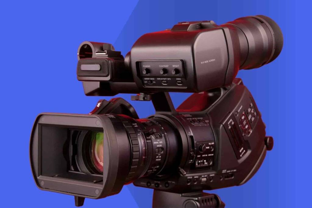  A black professional video camera with a long battery life is ideal for live streaming events.